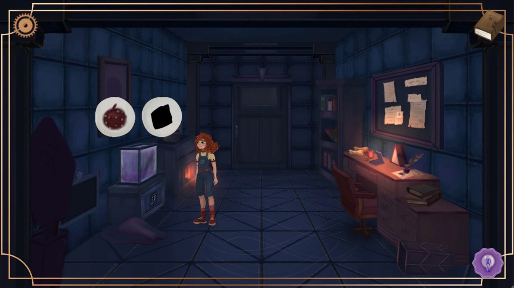 Sam looking at a fish tank in the guard's room in Closer Than You Know.
