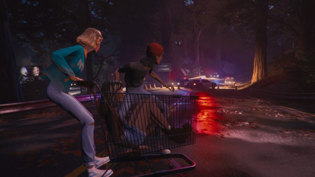 Stacey, Slater and Cass skating on a grocery cart while avoiding the cops in Mixtape.